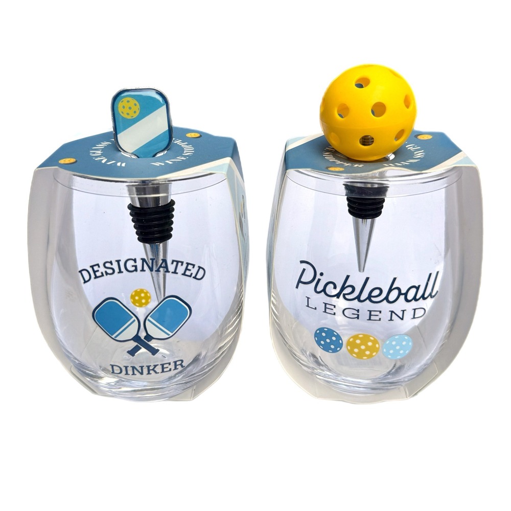 Pickleball Wine Gift Set 2 Stemless  Glasses & 2 Bottle Stoppers New paddle ball
